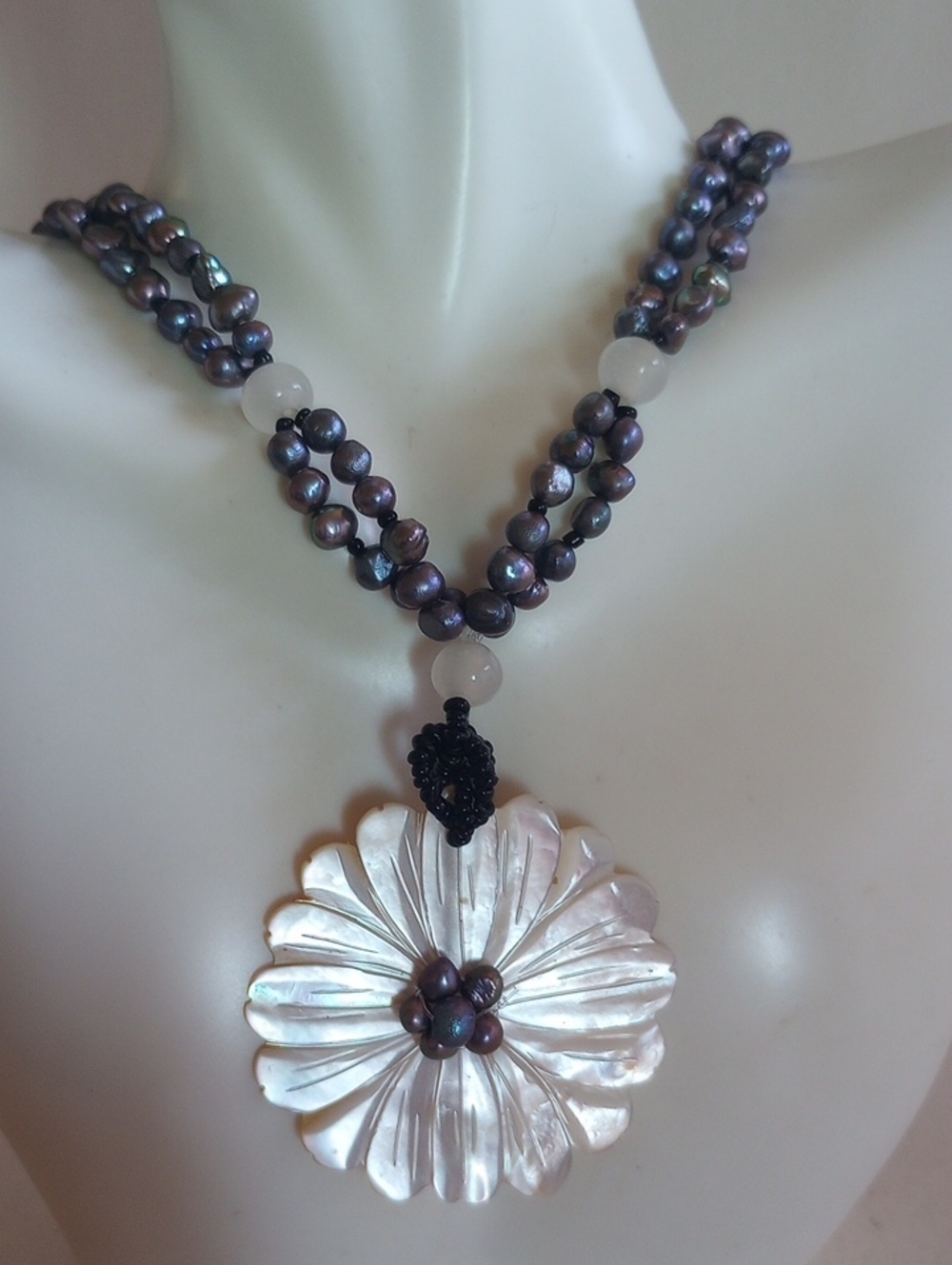 Black Peackok Tahitian Pearl Abalone Shell  Flower Pendant Necklace Double row.